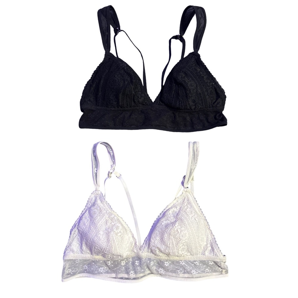 Womens Black White Lace Bralette Set Wireless Triangle Bras Medium